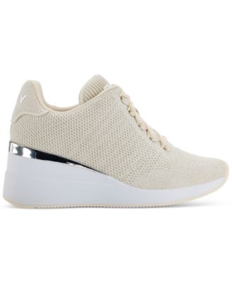 DKNY Damen Kasia Lace Up Wedge Sneaker – Keilabsatz, Schnürung, Elastisches Textil & Leder – Casual Chic