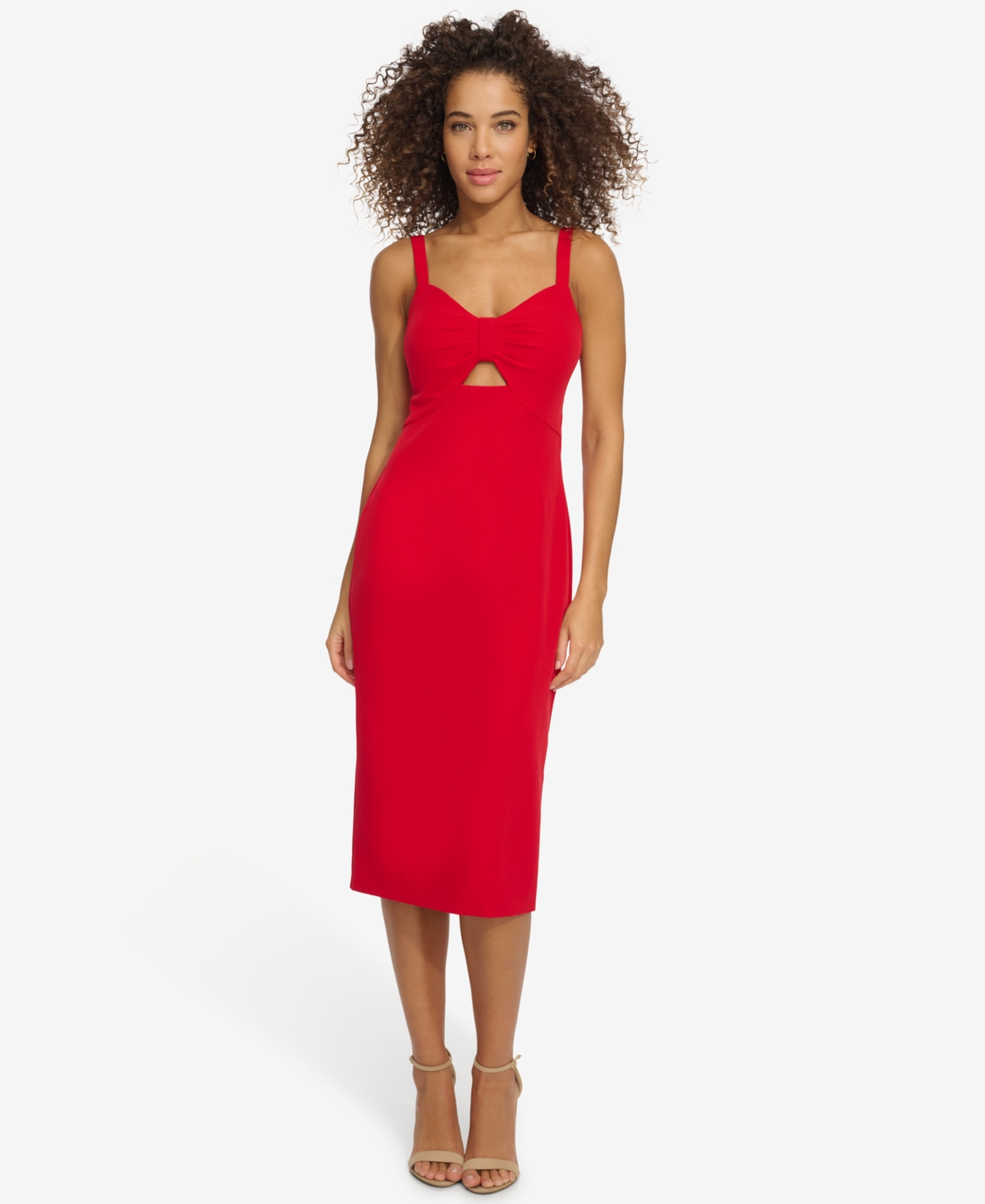 Women's Ruched-Front Cutout Sleeveless Midi Dress - Red