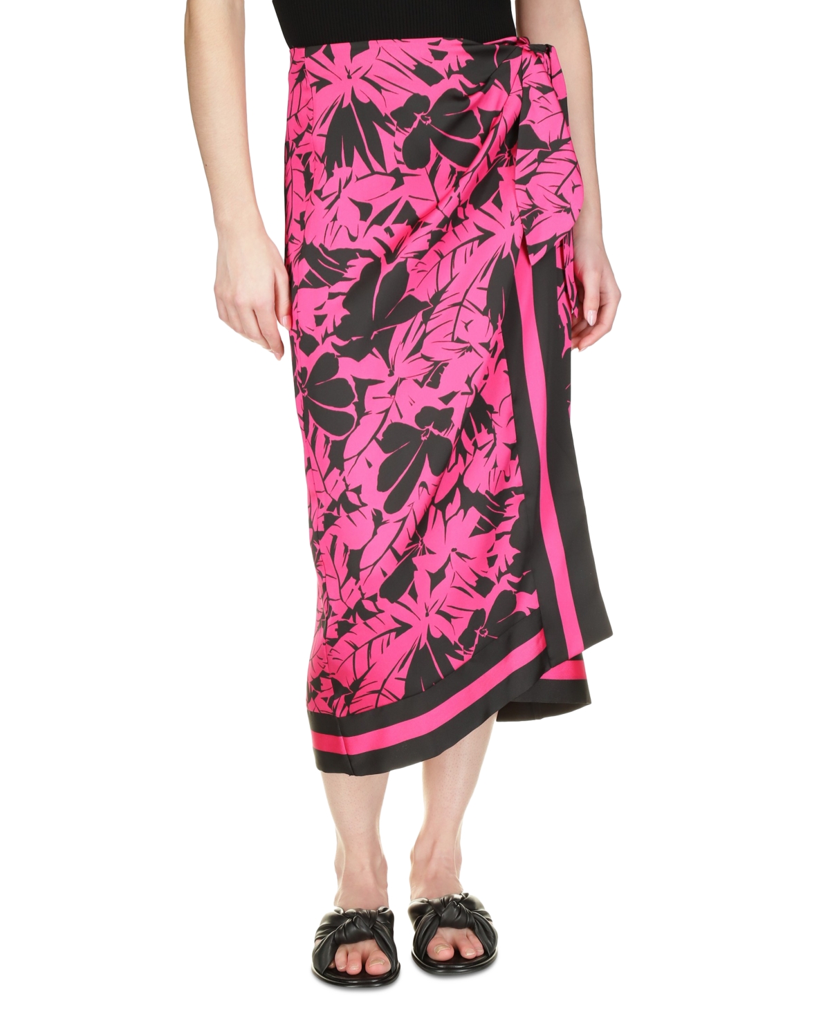 Michael Michael Kors Women's Lush Palm-Print Faux-Wrap Midi Skirt - Cerise