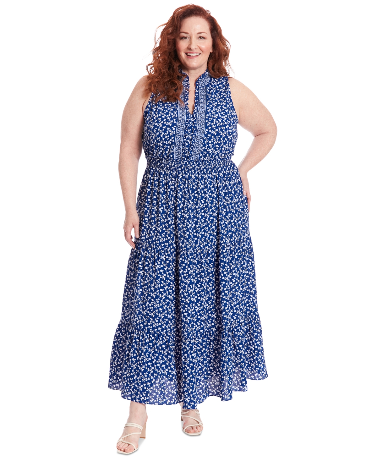Plus Size Floral-Print Ruffle-Collar Maxi Dress - Blue Ivory