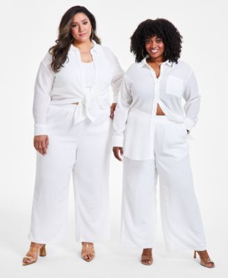 Shop Nina Parker Trendy Plus Size Textured Shirt Tank Top Pants In Ivory