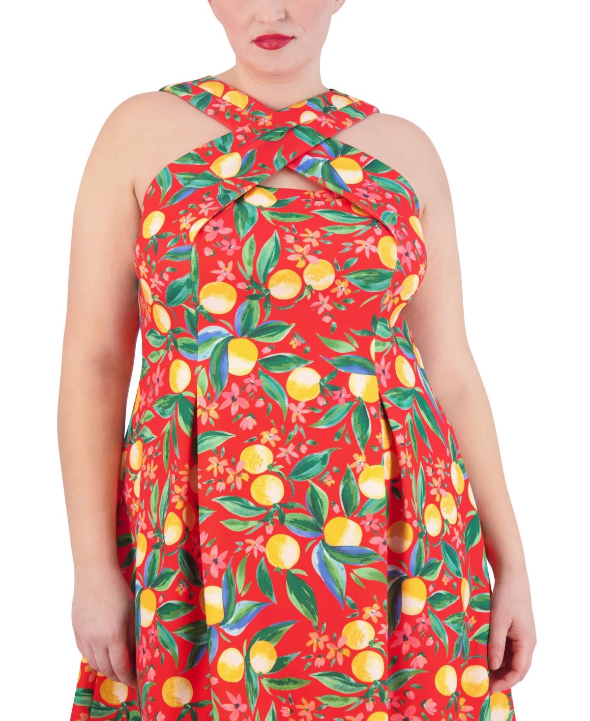 Shop Vince Camuto Plus Size Printed High-neck Fit & Flare Dress In Red