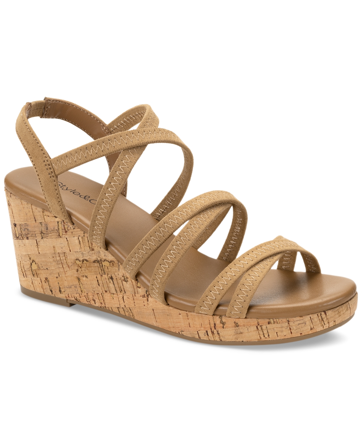 Shop Style & Co Women's Arloo Strappy Elastic Wedge Sandals, Created For Macy's In Latte