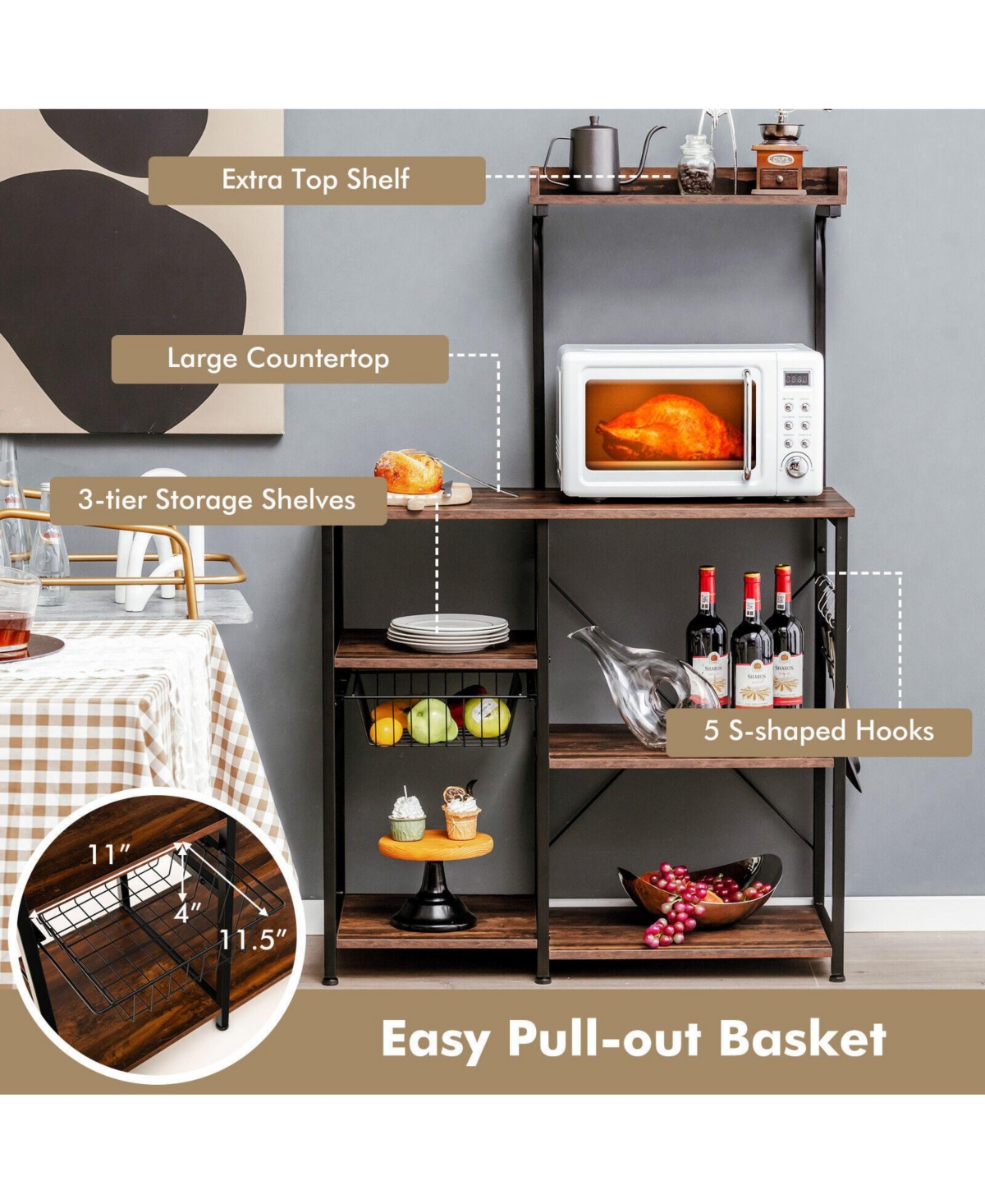 Slickblue 4-tier Kitchen Baker's Rack with Basket and 5 Hooks
