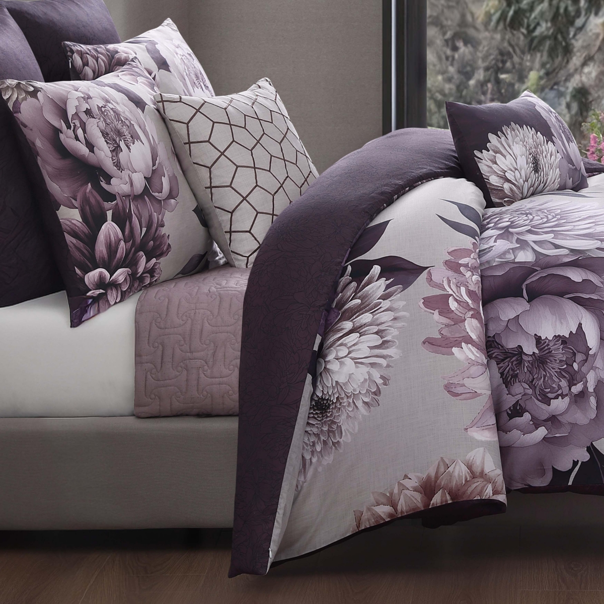 Bebejan Dahlia Bedding 100% Cotton Sateen 5 Piece King Size Reversible Comforter Set