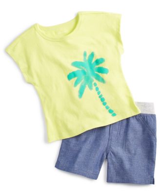 First Impressions Baby Boys Palm Graphic T Shirt Chambray Shorts Created For Macys In Fi Dark Blue