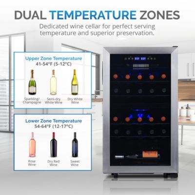 Freestanding 28 Bottle Dual Zone Compressor Wine Fridge in Stainless Steel, Adjustable Racks and Exterior Digital Thermostat