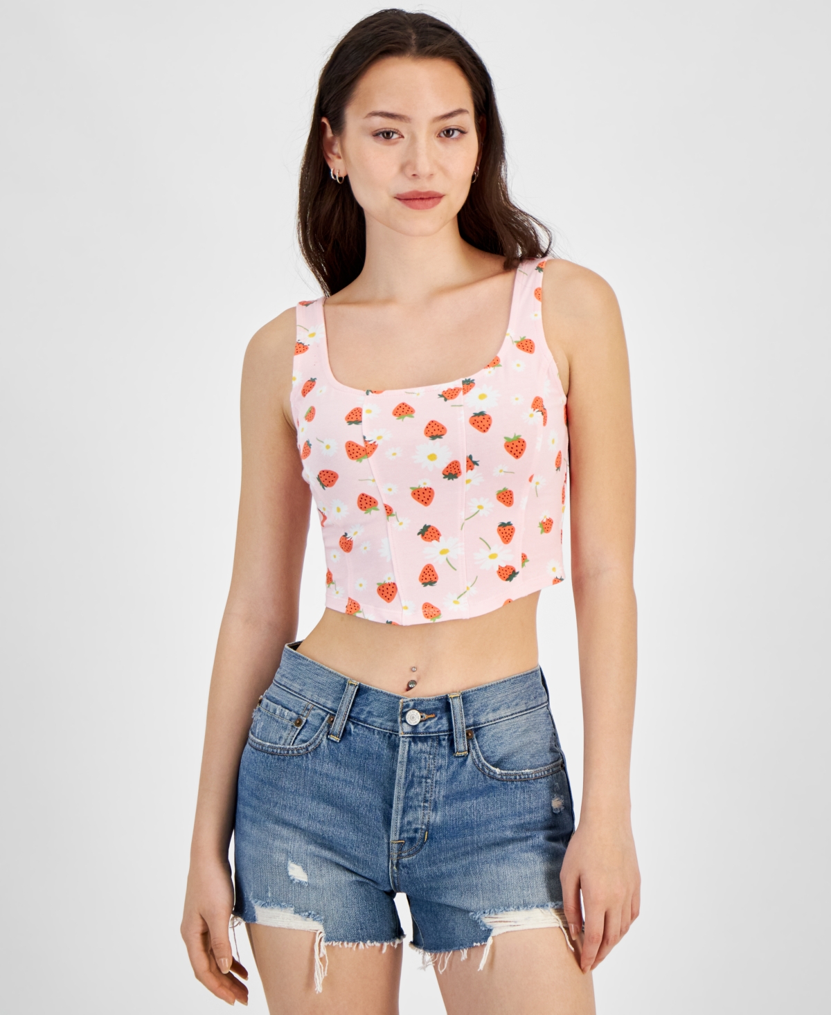 Juniors' Cropped Strawberry-Print Top - Pink