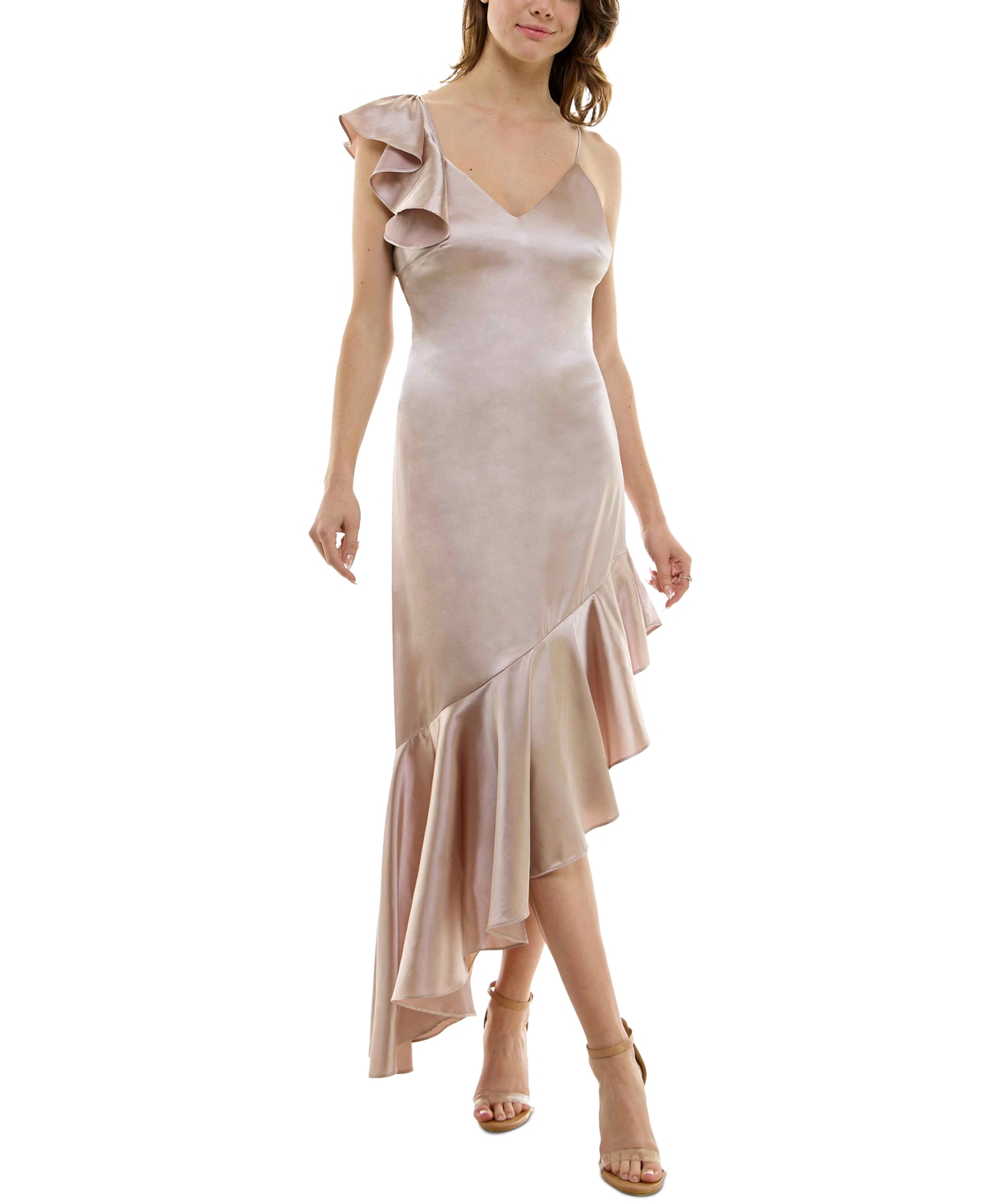 Shop Speechless Juniors' Satin Ruffled High-low Maxi Dress In Champagne