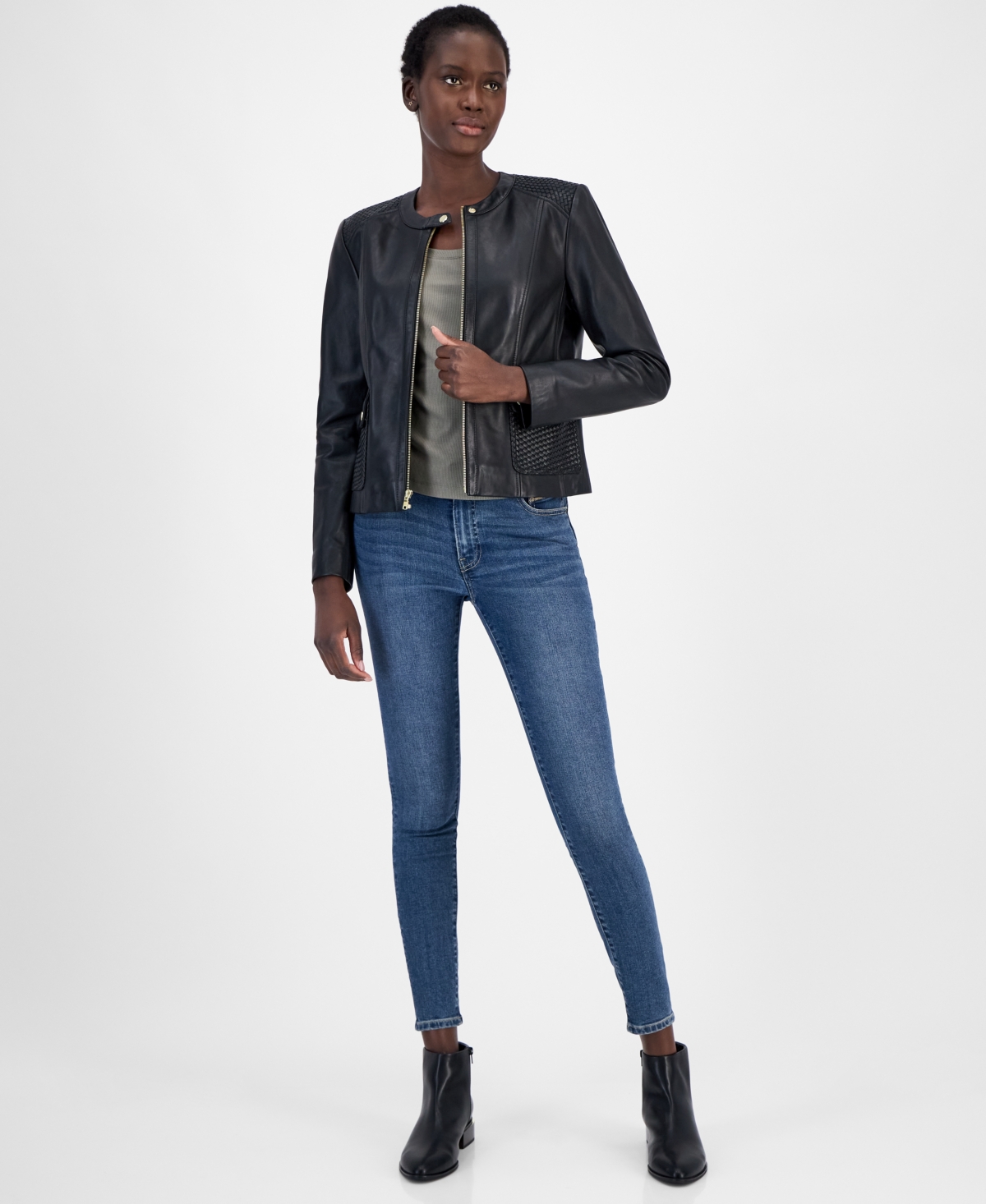 Women's Woven-Shoulder Zip-Front Leather Coat - Black
