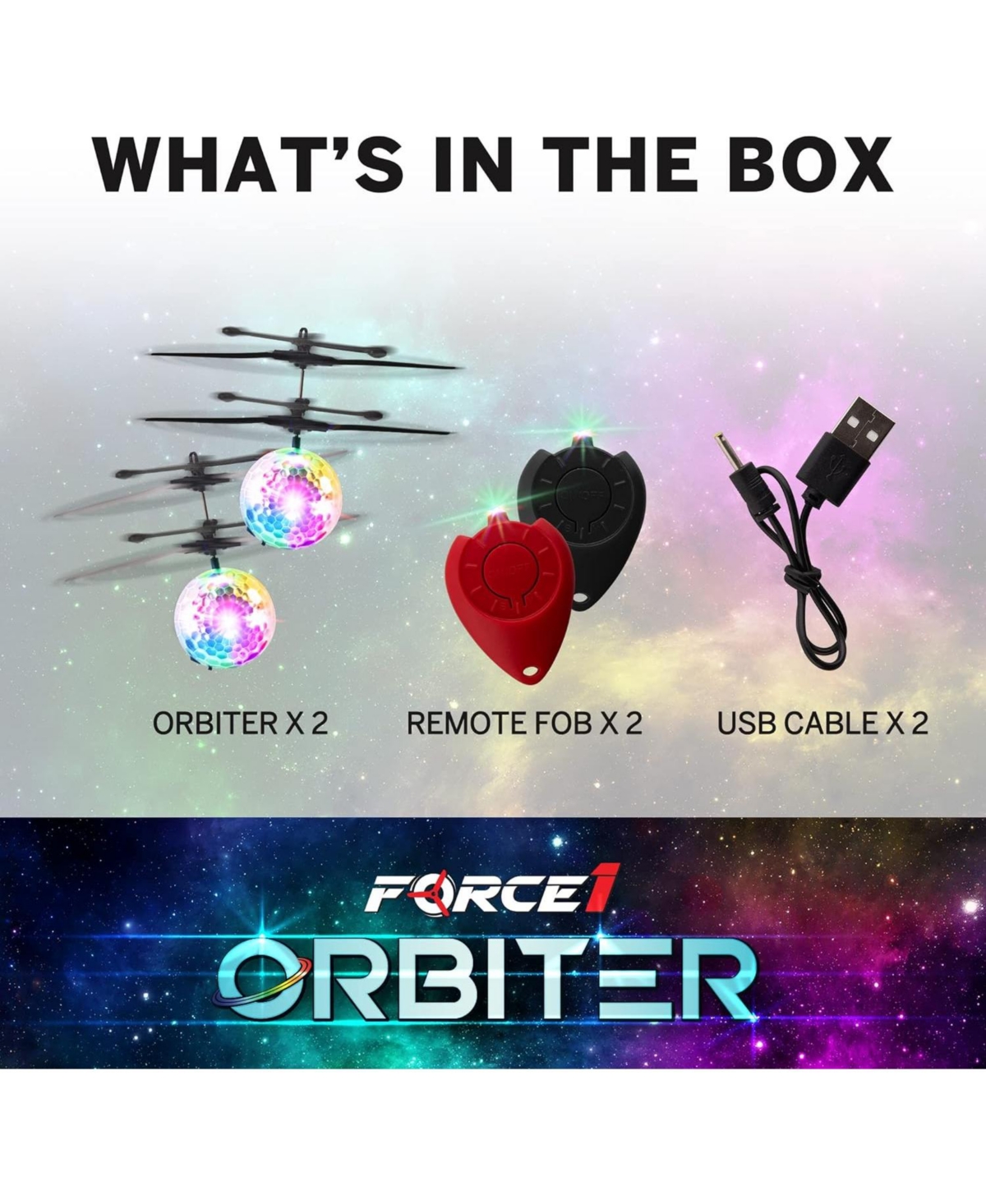 Force1 Orbiter Flying Orb Ball Hand Operated Drones for Kids - 2 Pack - Clear and Black