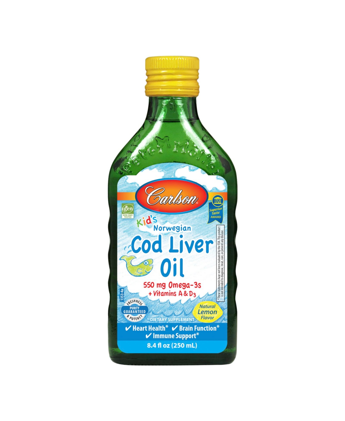 Carlson - Kid's Cod Liver Oil, 550 mg Omega-3s + A & D3, Norwegian, Wild Caught, Sustainably Sourced, Lemon, 250 mL (8.4 Fl Oz)