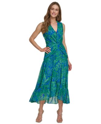 DKNY - Women's Printed V-Neck Twist-Front A-Line Dress