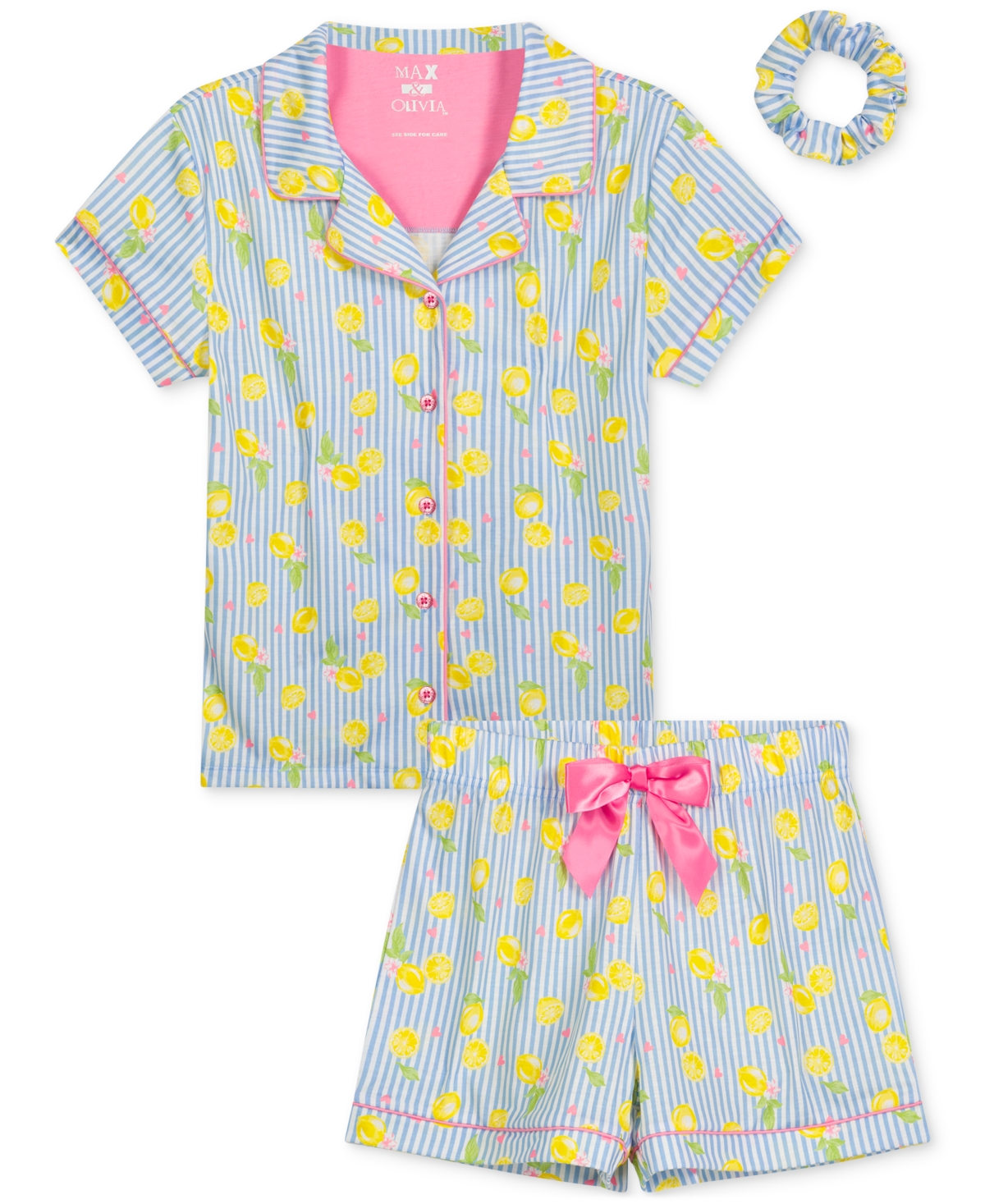 Shop Max & Olivia Girls 3-pc. Lemon-print Stripe Pajama Top, Shorts & Scrunchie Set In Yellow
