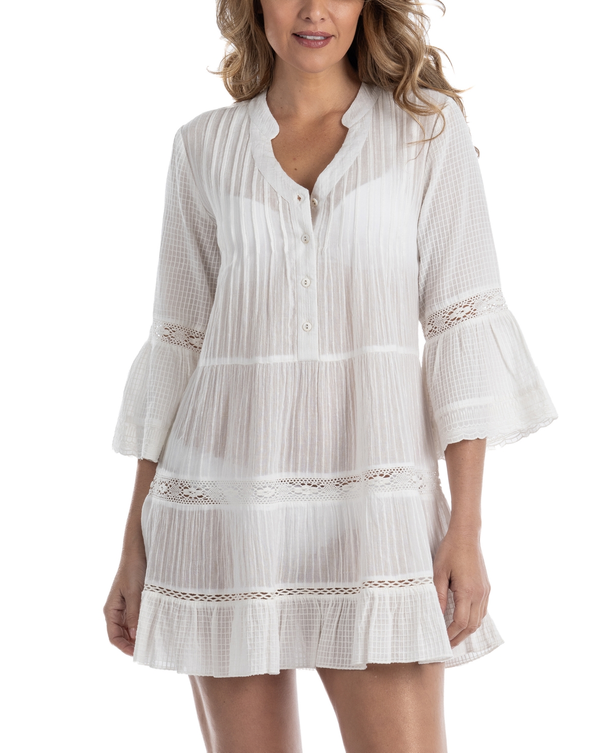 Shop Dotti Women's Crochet-trim 3/4-sleeve Cotton Cover-up Dress In Ecru