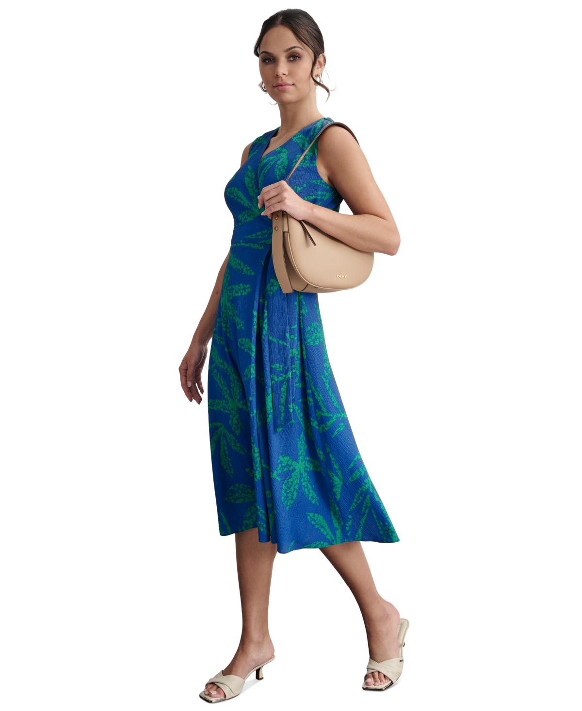 Shop Dkny Women's Palm-print Textured Wrap Midi Dress In Submerge Multi