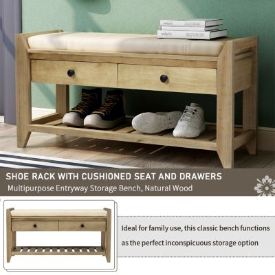 Multipurpose Entryway Bench with Cushioned Seat and Drawers