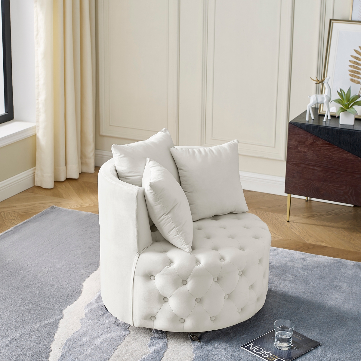 Streamdale Furniture Velvet Swivel Chair with Tufted Design, Wheels, 3 Pillows