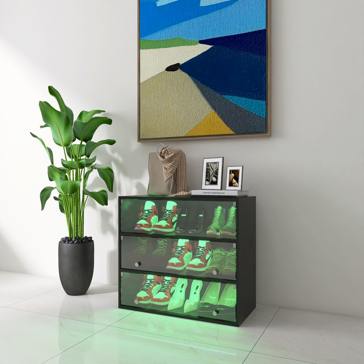 Streamdale Furniture Led Light Shoe Box Three Layers With Glass Doors