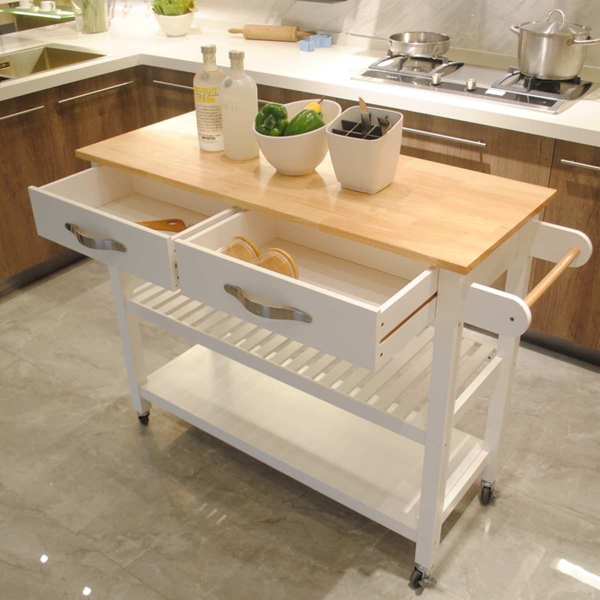 Streamdale Mobile Kitchen Island with Rubberwood Top