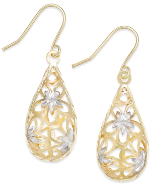 image of Two-Tone Floral Teardrop Drop Earrings in 10K Gold and 10K White Gold