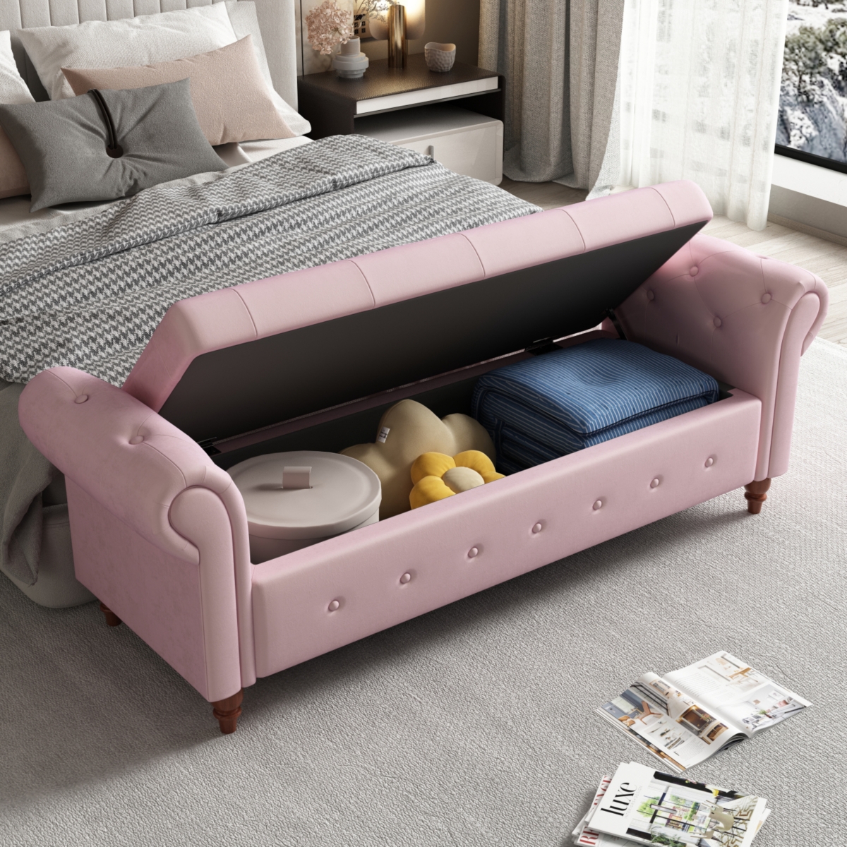 Bed Bench Pink Velvet