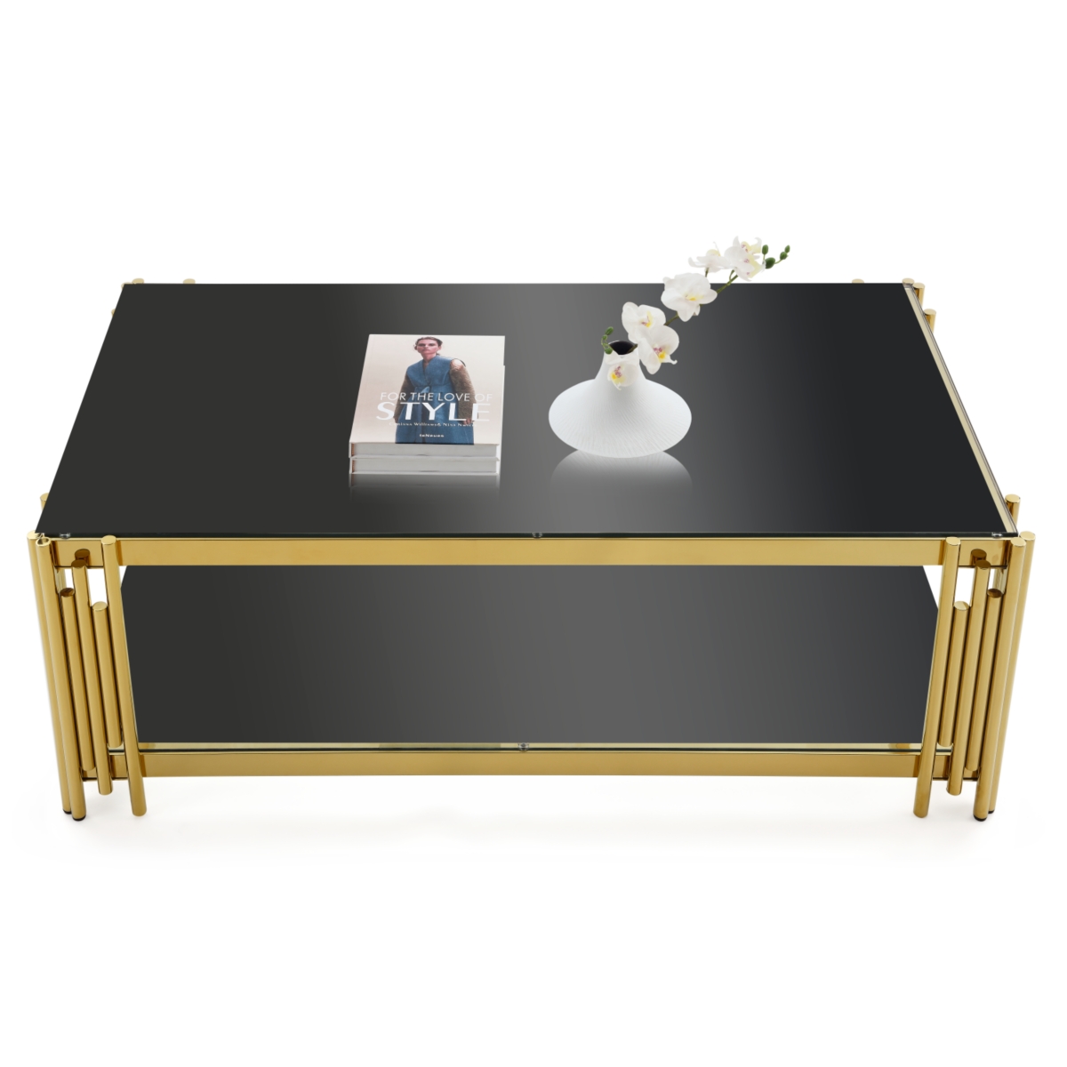 Streamdale Furniture Golden Stainless Steel Double Layer Coffee Table With Black Glass Top