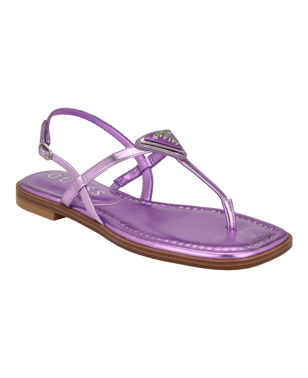 Shop Guess Women's Rainey Logo Sqaure Toe T-strap Flat Sandals In Dark Pink