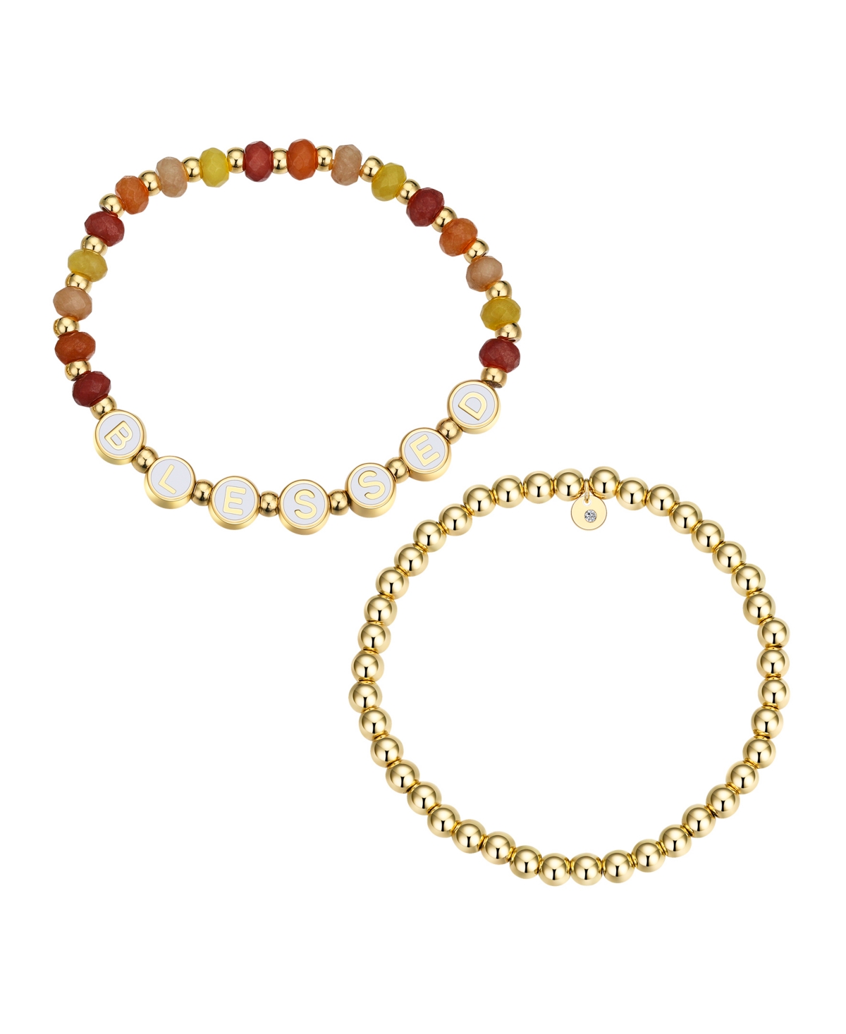 Multi Sunburst Quartz Blessed Stone and Beaded Stretch Bracelet Set - Gold