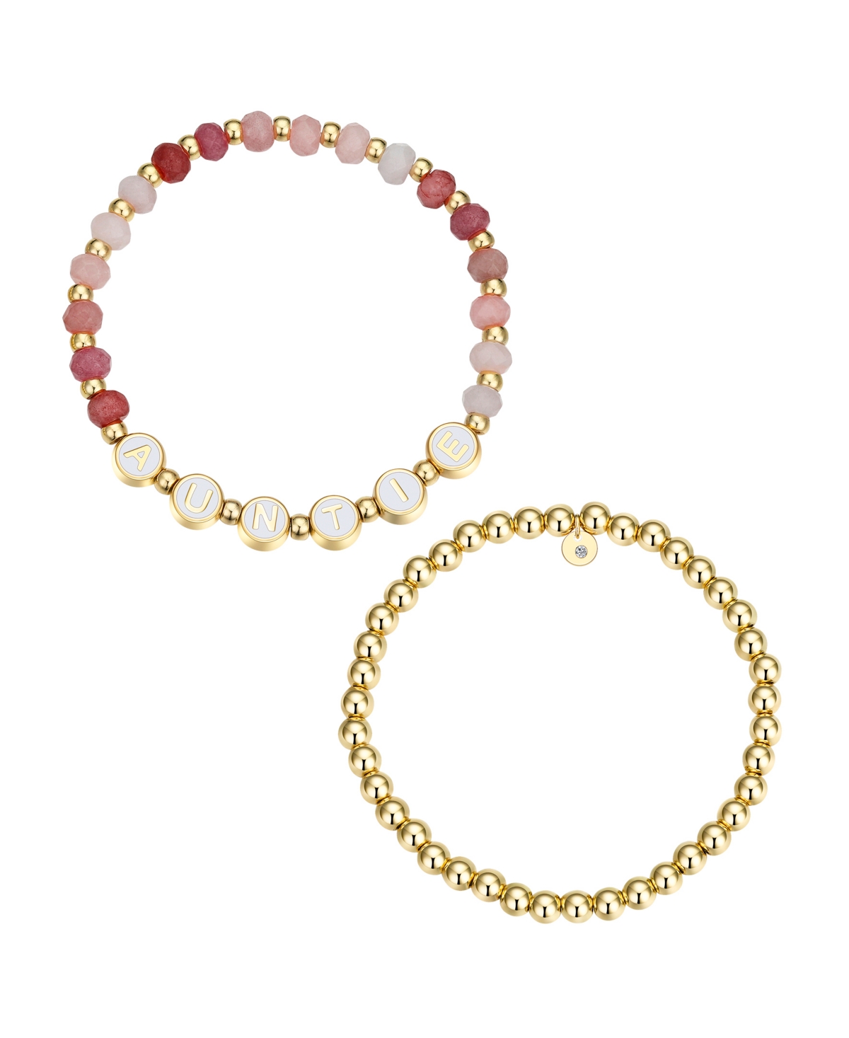 Multi Pink Quartz Auntie Stone and Beaded Stretch Bracelet Set - Gold