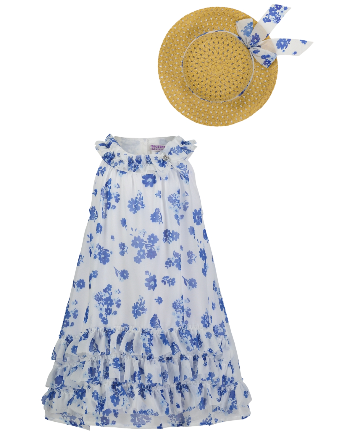 Blueberi Boulevard Baby Girls Ruffle-Trim WhiteSwing Dress Sun Hat - Blue