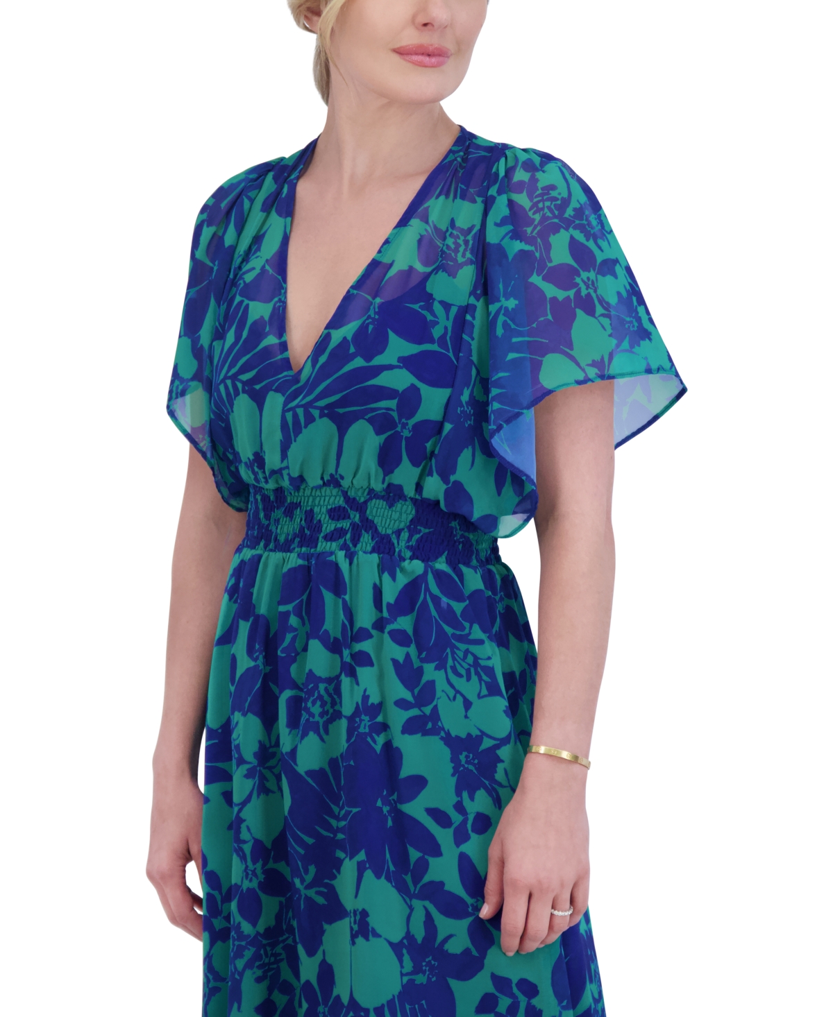 Shop Jessica Howard Petite Printed V-neck Short-sleeve Dress In Blue,green