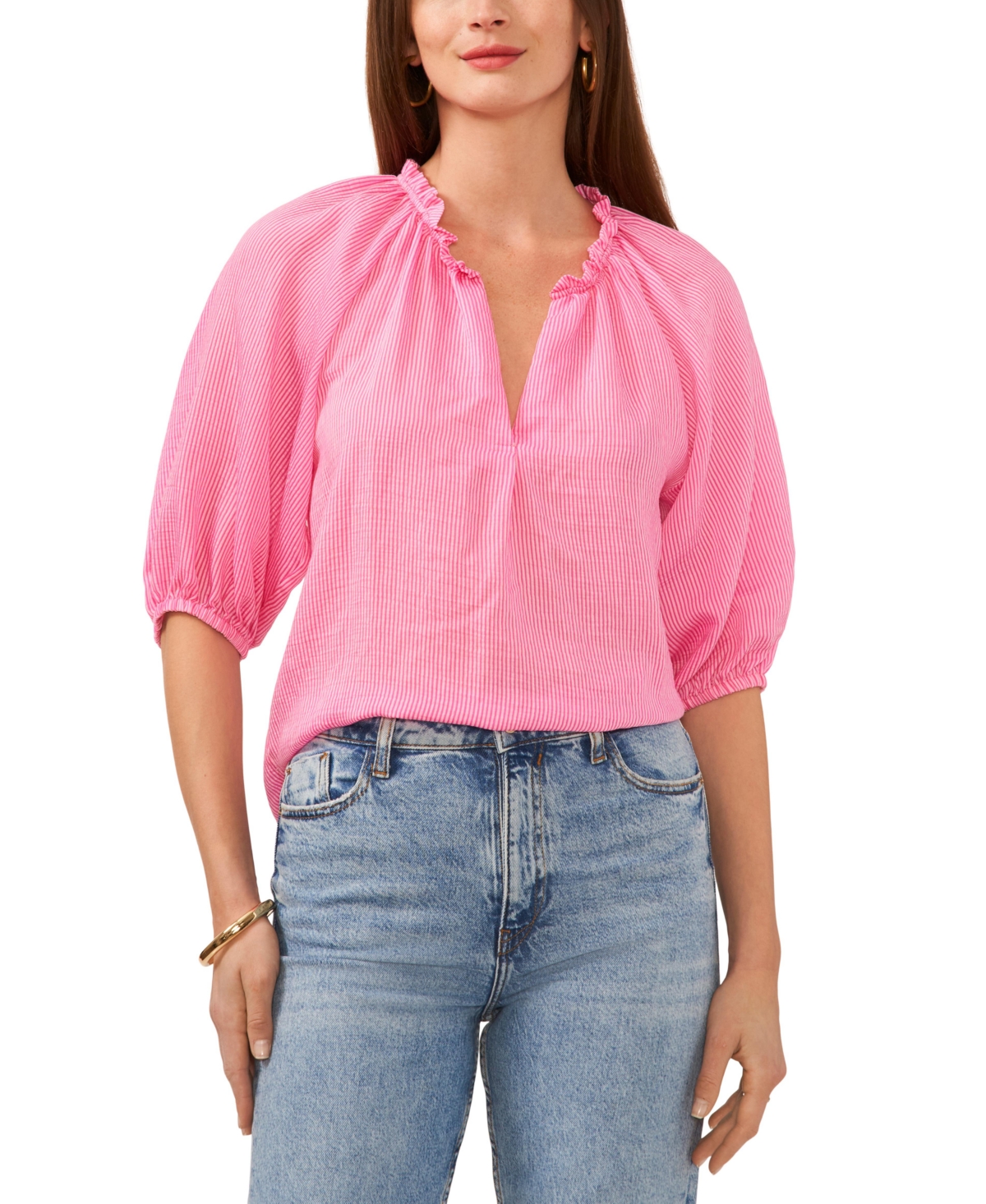 Shop Vince Camuto Women's Printed Split-neck Raglan Puff-sleeve Top In Hot Pink