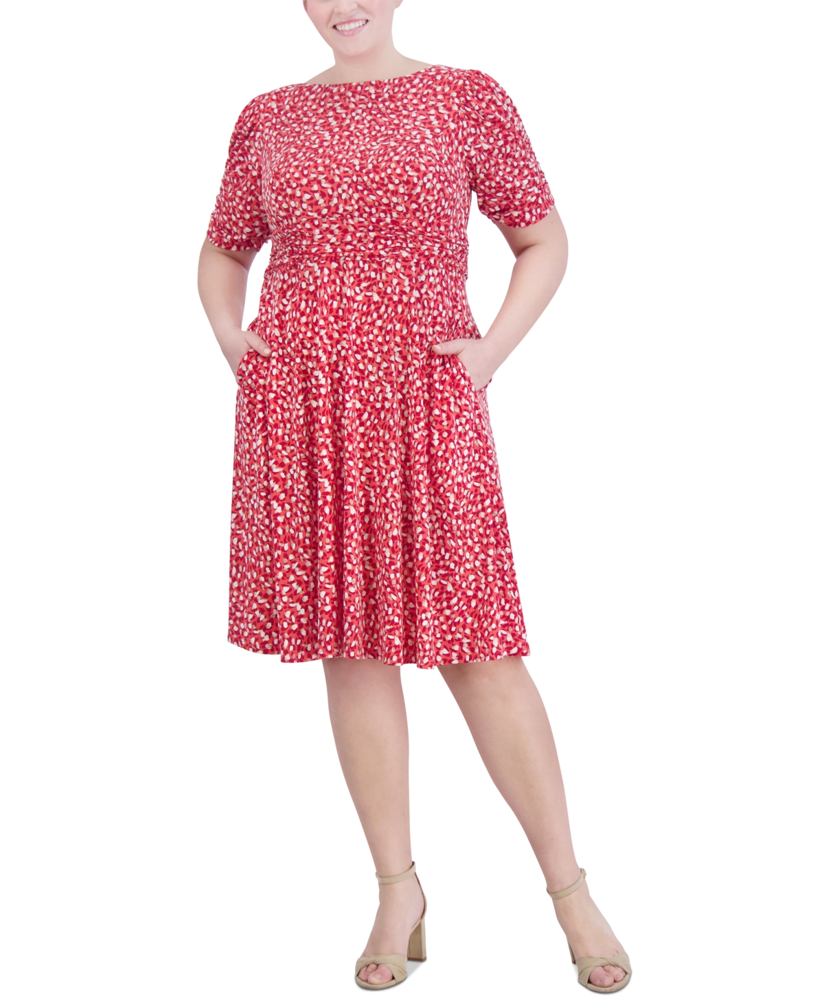 Plus Size Printed Ruched-Sleeve Dress - Persimmon