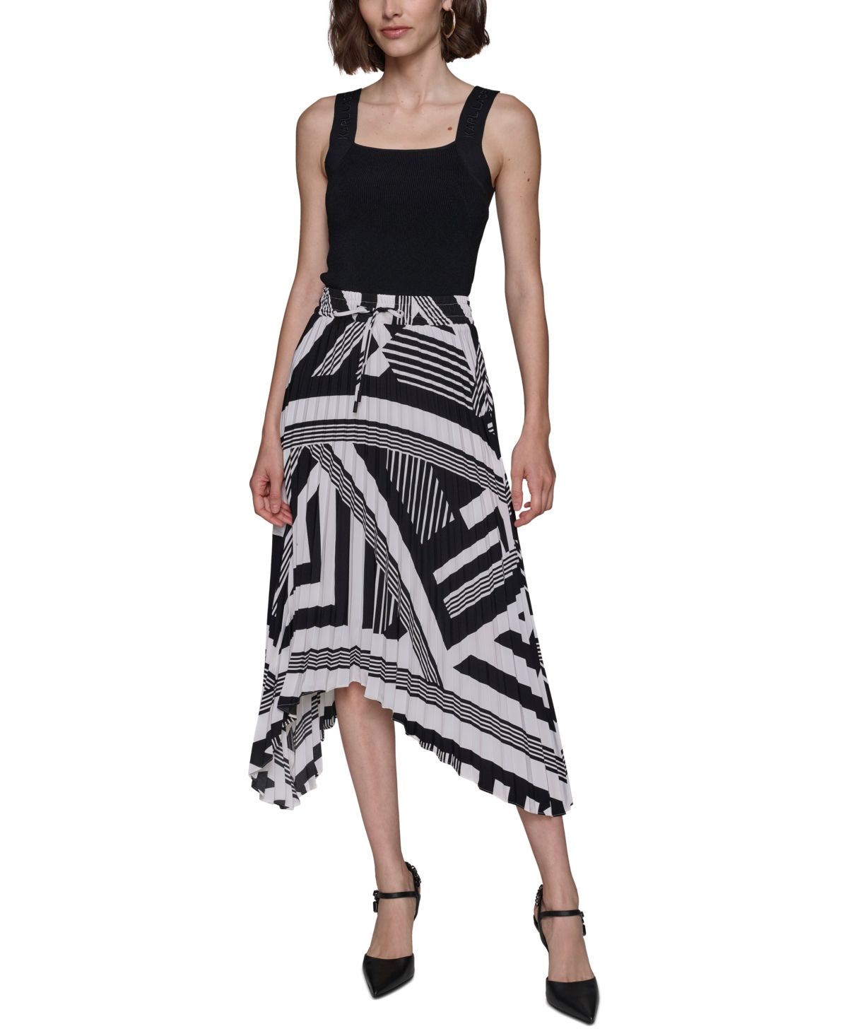 Karl Lagerfeld Paris Women's Printed Pleated Pull-On Asymmetrical-Hem Midi Skirt - Soft White  Black