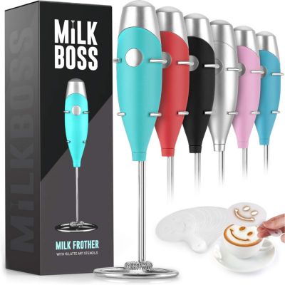 Milk Boss Portable Milk Coffee Frother Handheld Whisk Mixer with 16-Piece Stencils