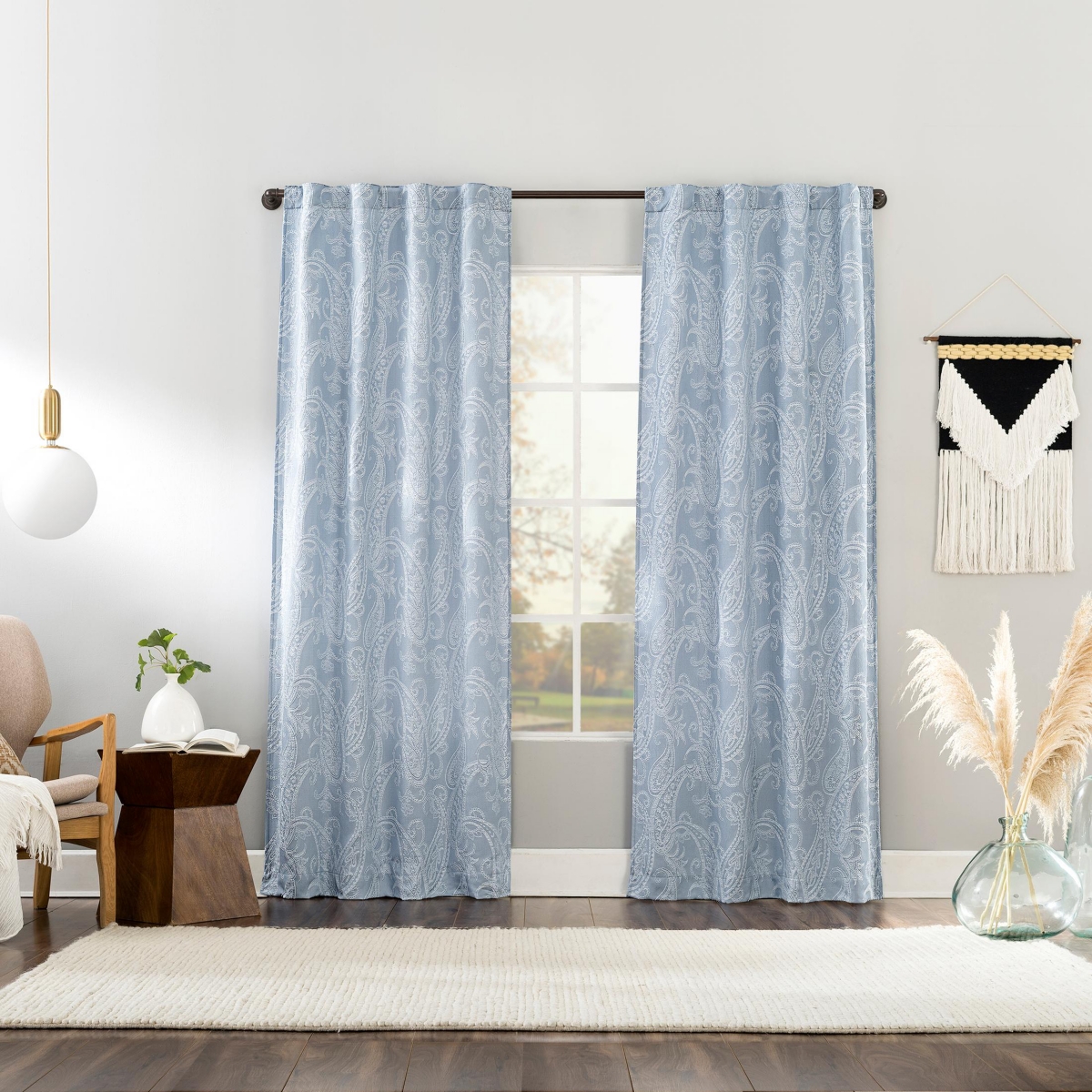 Pedra Paisley Embroidery 100% Blackout Back Tab Curtain Panel
