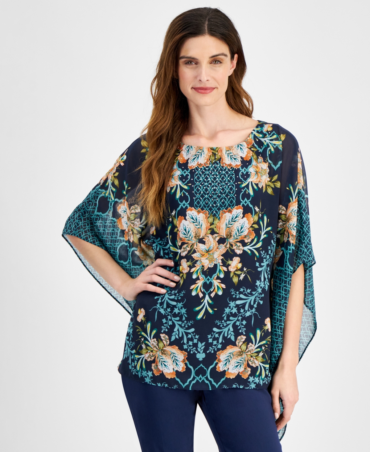 Women's Printed Poncho Top, Created for Macy's - Intrepid Blue Combo