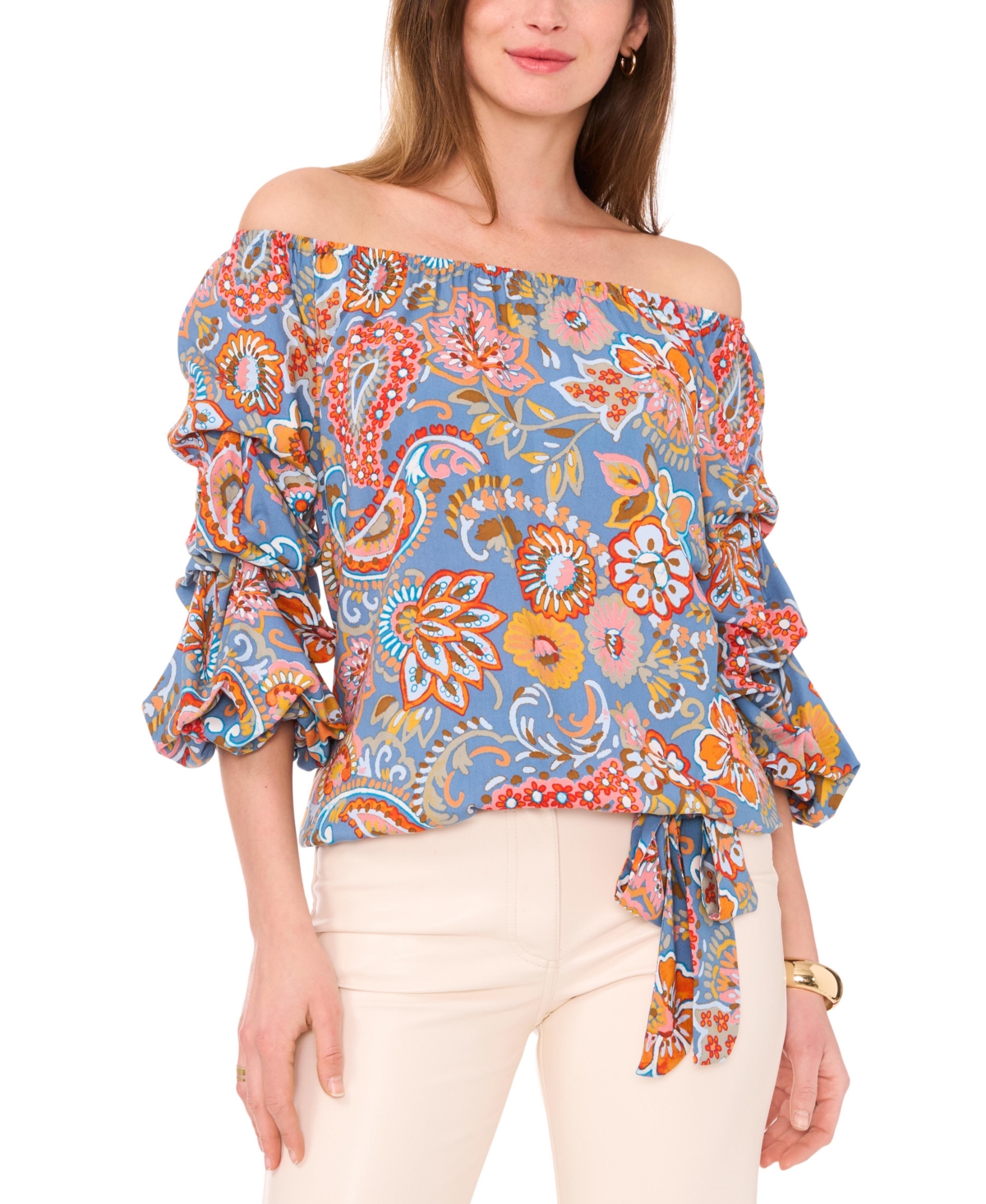 Shop Vince Camuto Women's Printed Off The Shoulder Bubble Sleeve Tie Front Blouse In Storm Blue