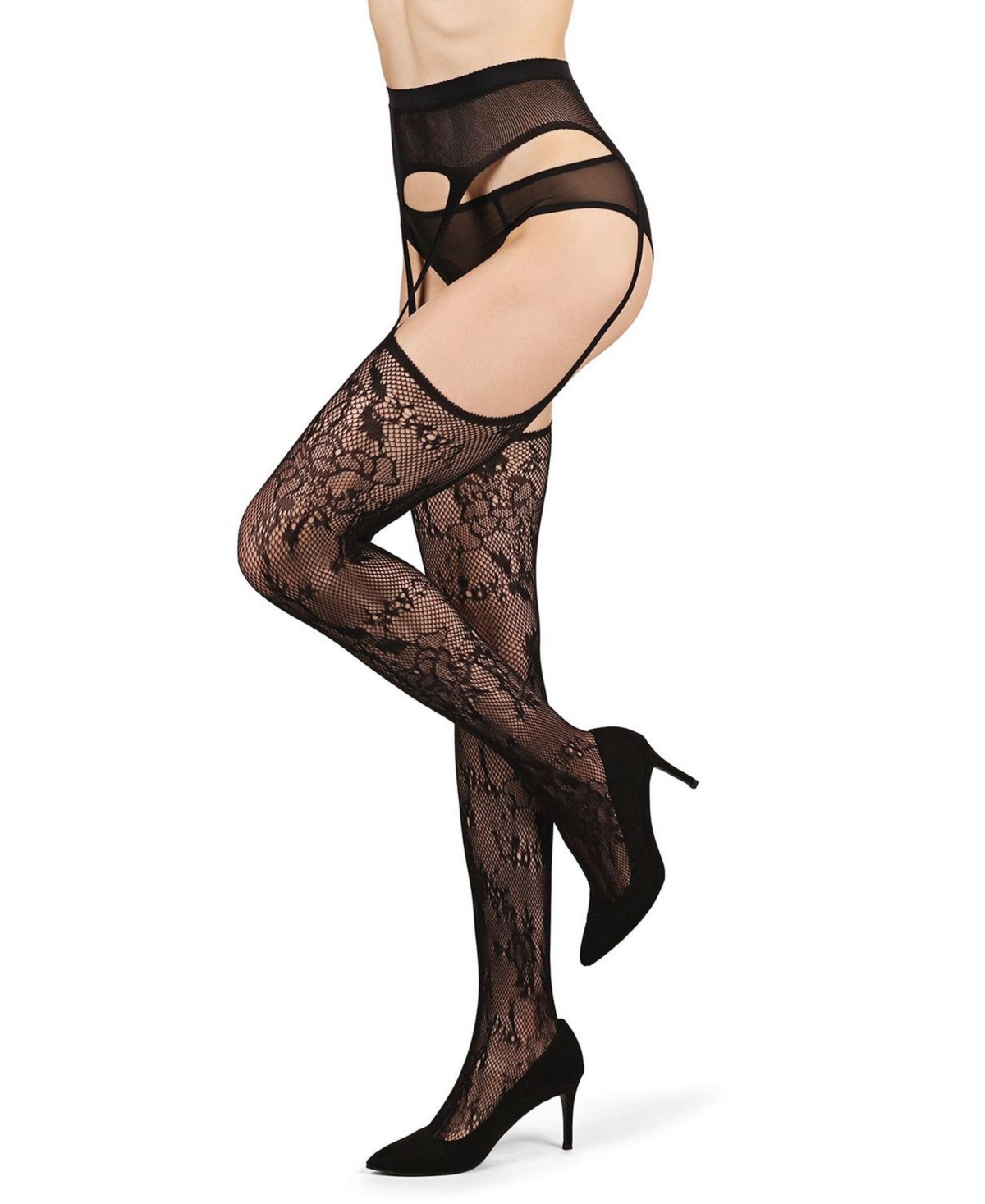 Women's All-In-One Lace Suspender Floral Fishnet Tights - Black
