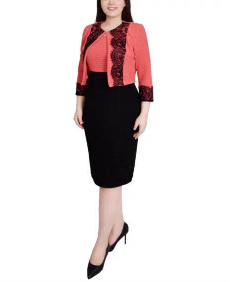 Petite Lace-Detail 2 Piece Textured Knit Dress Set - Coral Black
