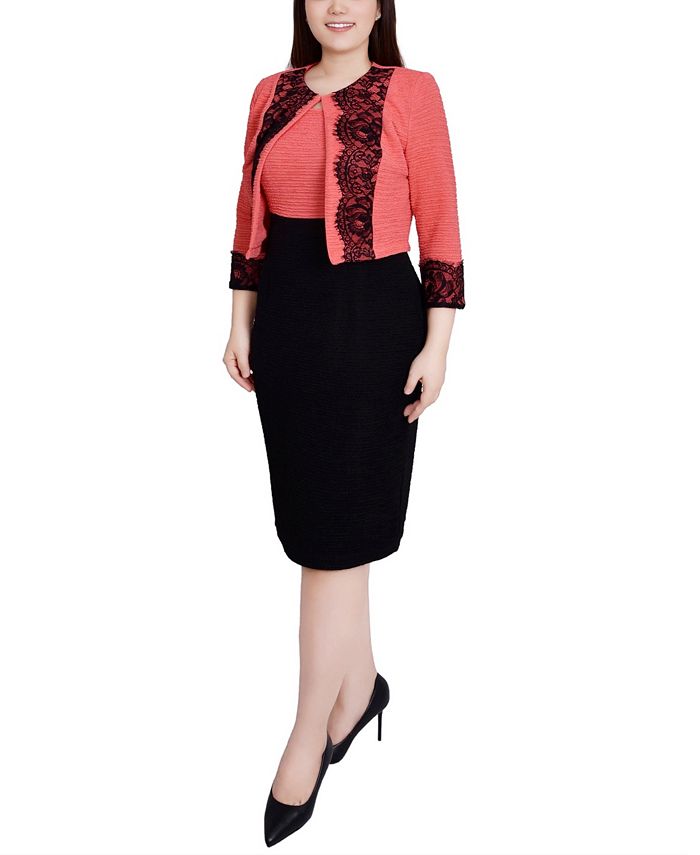NY Collection Petite Lace-Detail 2 Piece Textured Knit Dress Set - Macy's