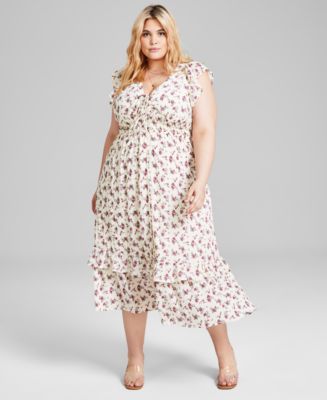 And Now This Trendy Plus Size Button-Front Flutter-Sleeve Tiered Maxi ...