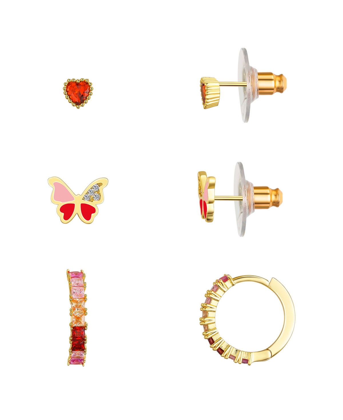 Multi Pink Cubic Zirconia and Enamel Heart Butterfly Stud and Hoop Earring Set - Gold