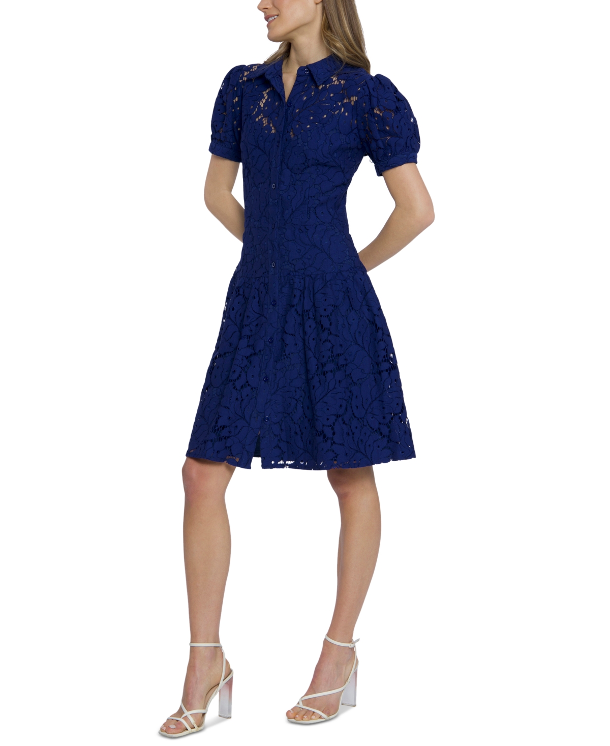 Shop Maggy London Women's Floral-lace Puff-sleeve Shirtdress In Bellwether