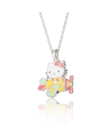 Hello Kitty Sanrio Silver Plated Enamel Pink Crystal 3D Plane Necklace - White, yellow, pink