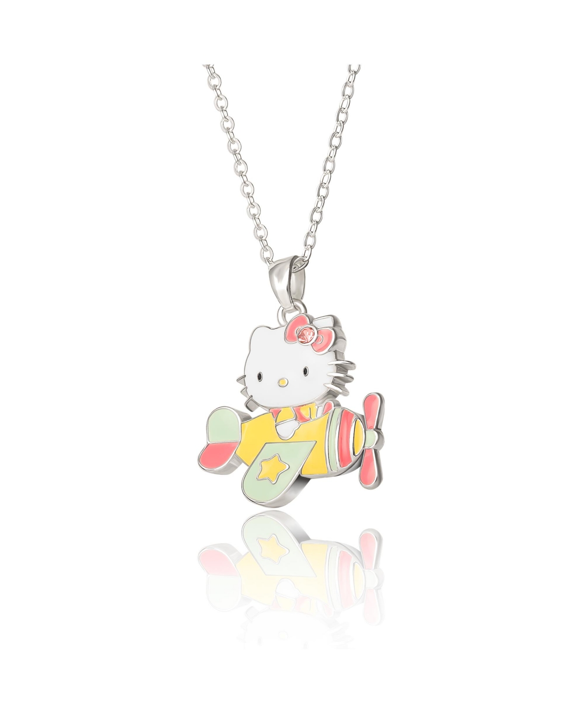 Sanrio Silver Plated Enamel Pink Crystal 3D Plane Necklace - White, yellow, pink