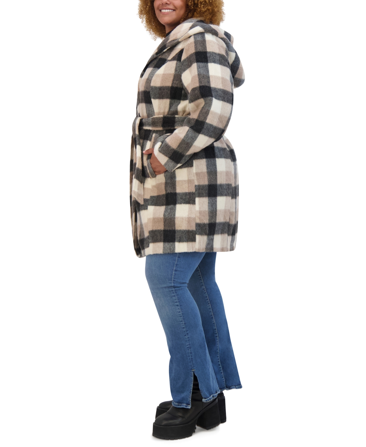 Steve Madden Plus Size Hooded Belted Button-Front Coat, Created for Macy's -Black