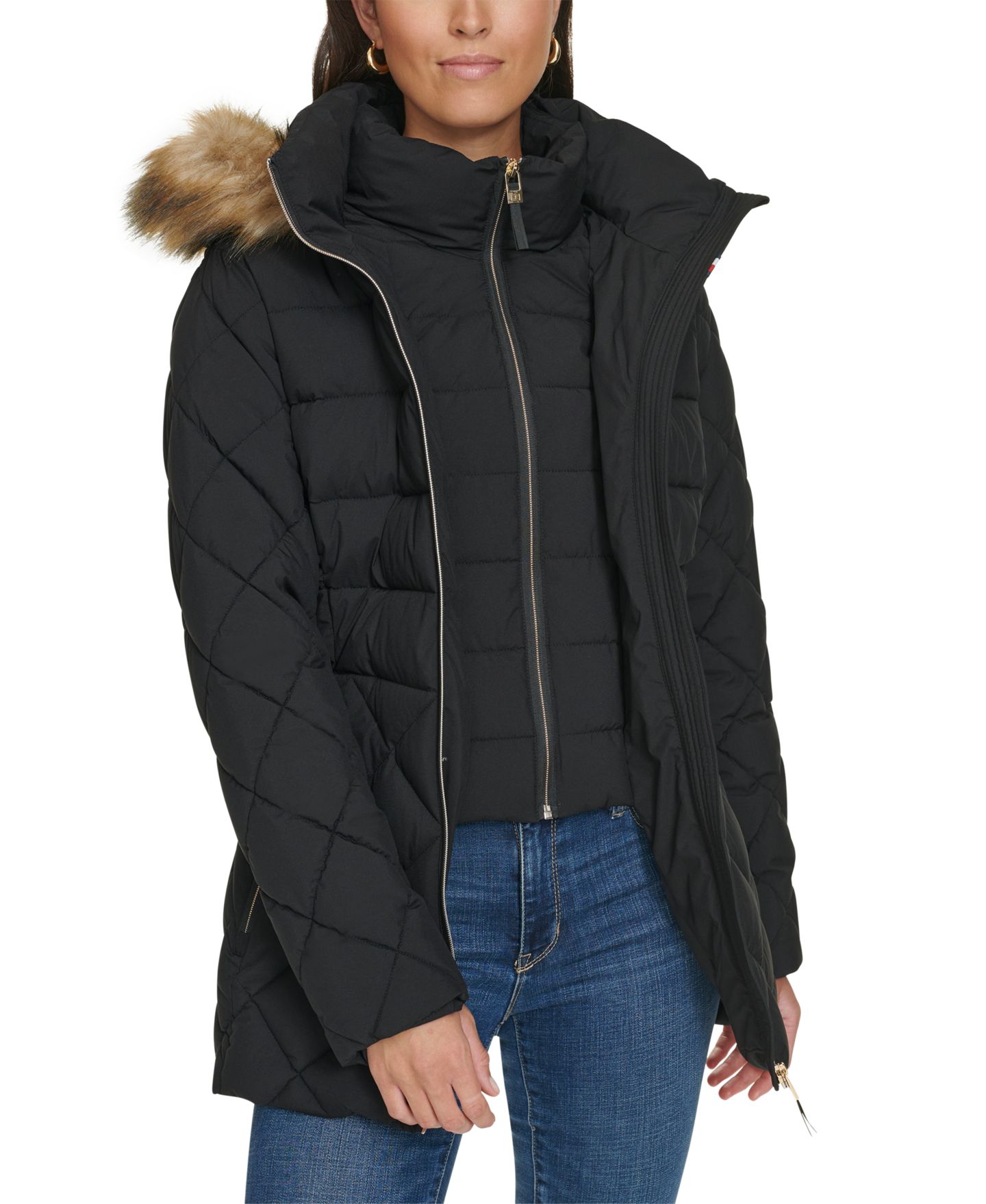 Женская куртка Tommy Hilfiger Bibbed Faux-Fur-Trim Hooded Puffer, цвет: Чёрный — фото 3