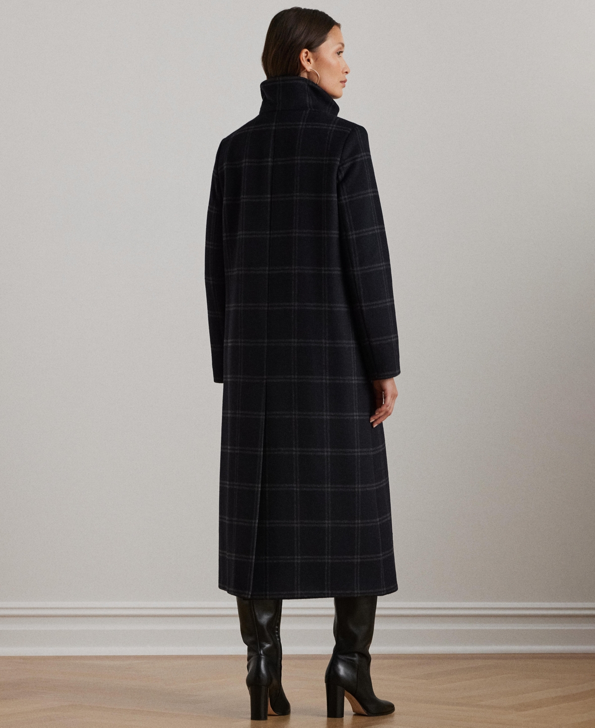 Lauren Ralph Lauren Women's Single-Breasted Stand-Collar Maxi Coat -Grey Windowpane
